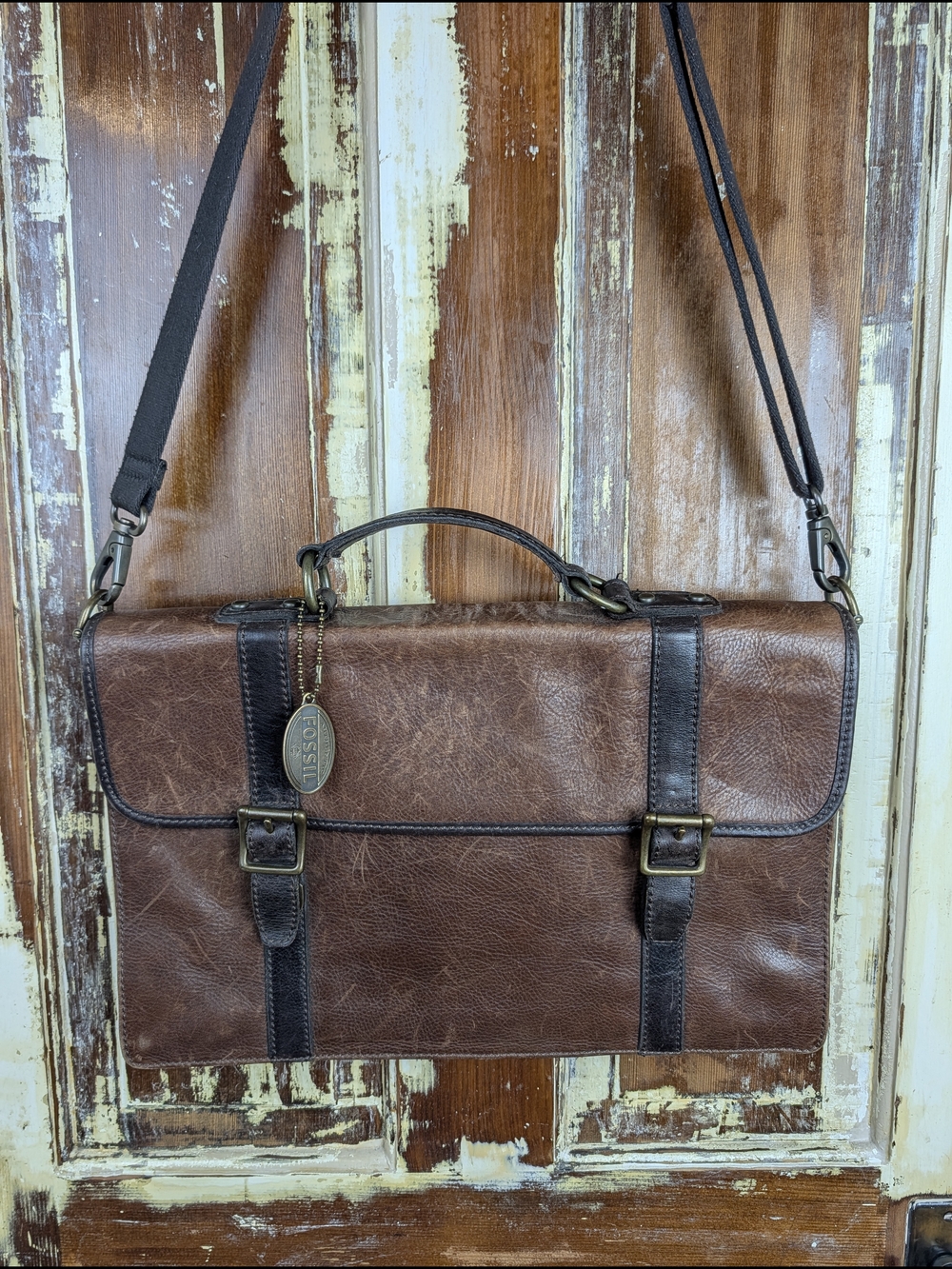 Fossil Brown Leather Messenger Satchel Briefcase Unisex Academia Two Tone